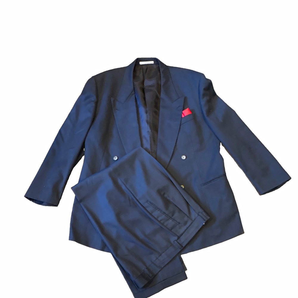 Hugo Boss Blue Wool 2-Piece Suit 46R 46x29 Pleated Double-Breasted